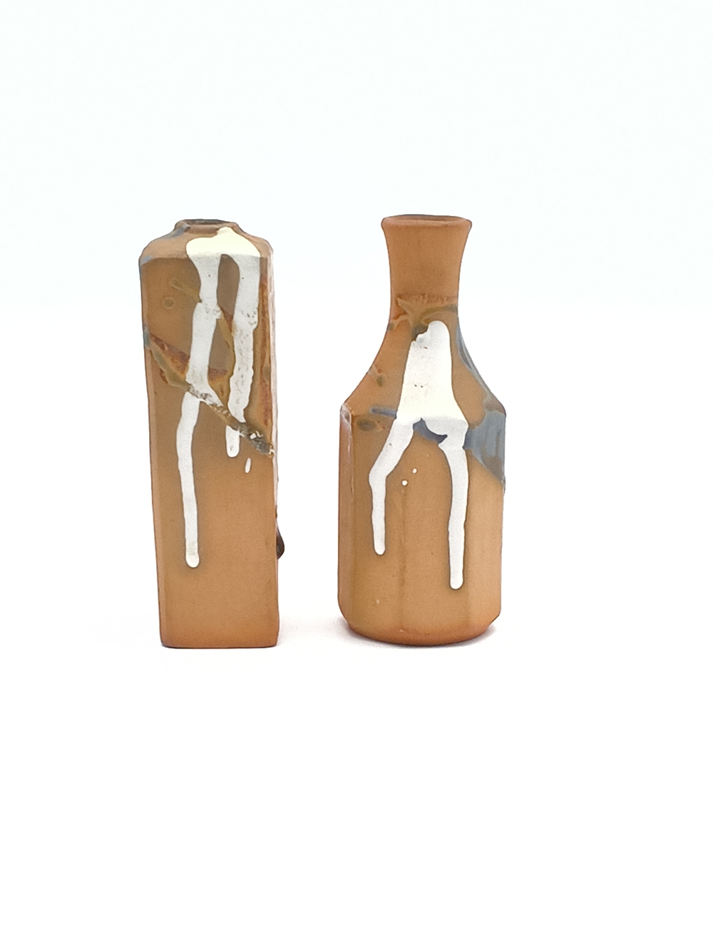 Vintage Artisan Studio Pottery Stoneware Vase Pair - Minimalist White Drip - Picture 5 of 10